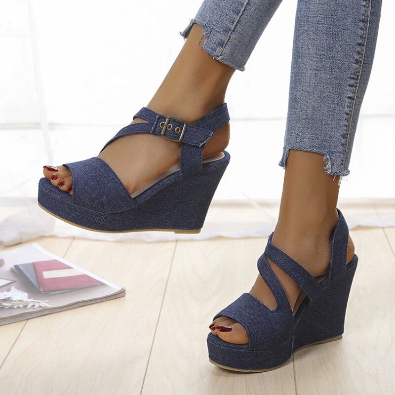 2023 summer women's shoes large comfortable fishtail sandals large wedge casual buckle luxury sexy high heels