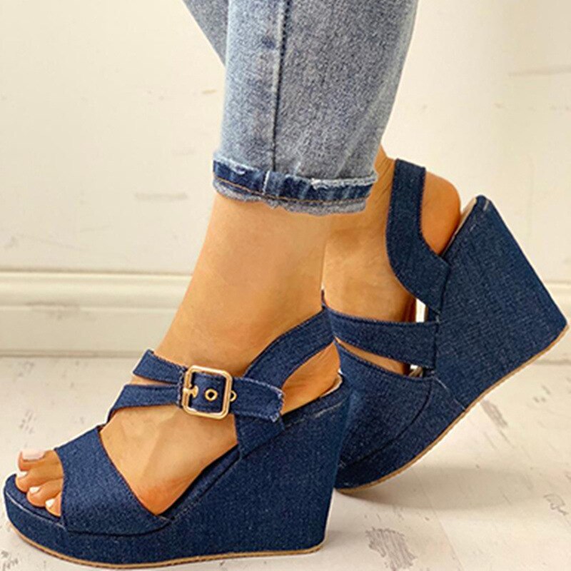 2023 summer women's shoes large comfortable fishtail sandals large wedge casual buckle luxury sexy high heels