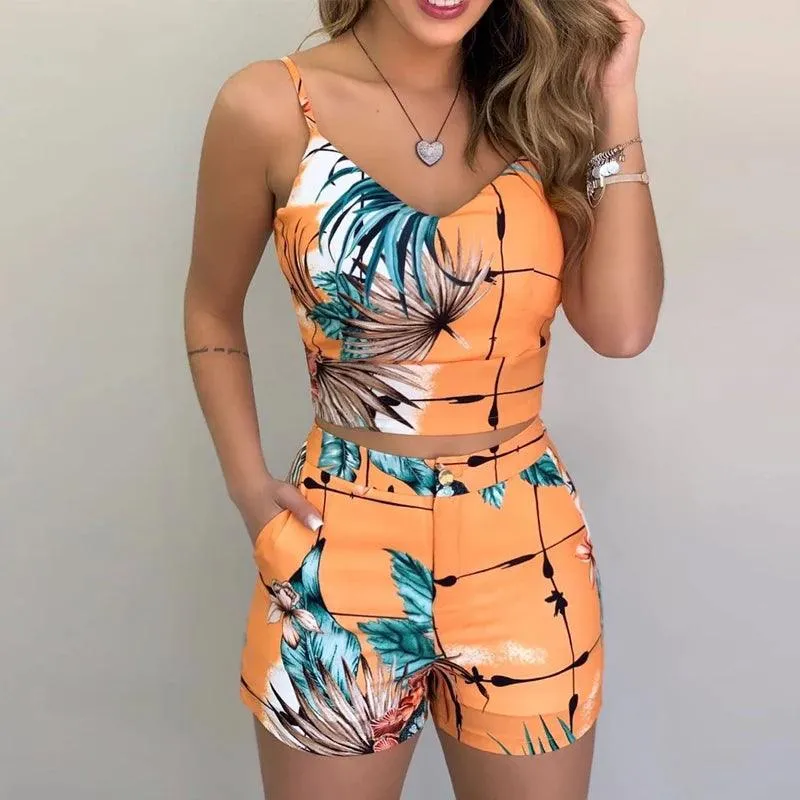 2Pieces Sets Summer Women Shorts Suits Office Lady Floral Strap Tank Crop Top+High Waist Button Shorts Female Outfits