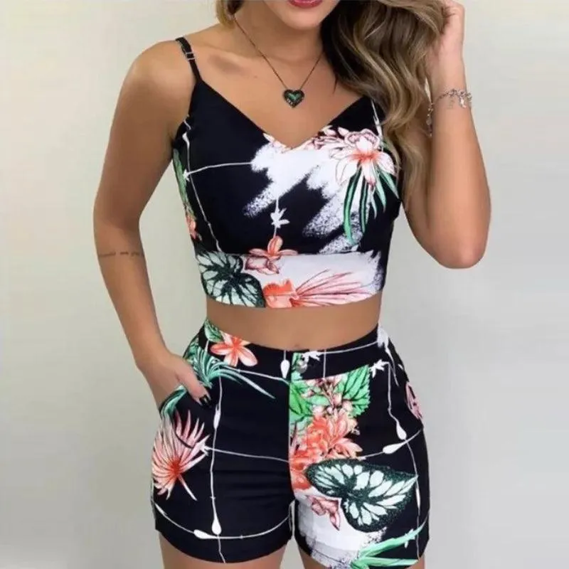 2Pieces Sets Summer Women Shorts Suits Office Lady Floral Strap Tank Crop Top+High Waist Button Shorts Female Outfits