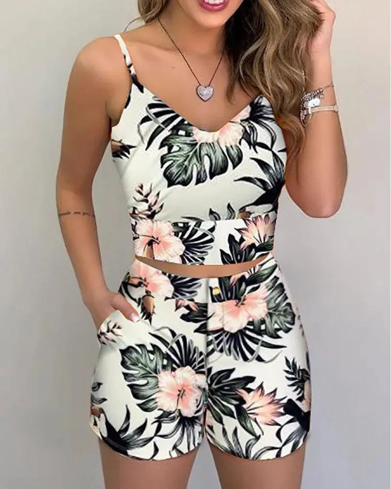 2Pieces Sets Summer Women Shorts Suits Office Lady Floral Strap Tank Crop Top+High Waist Button Shorts Female Outfits