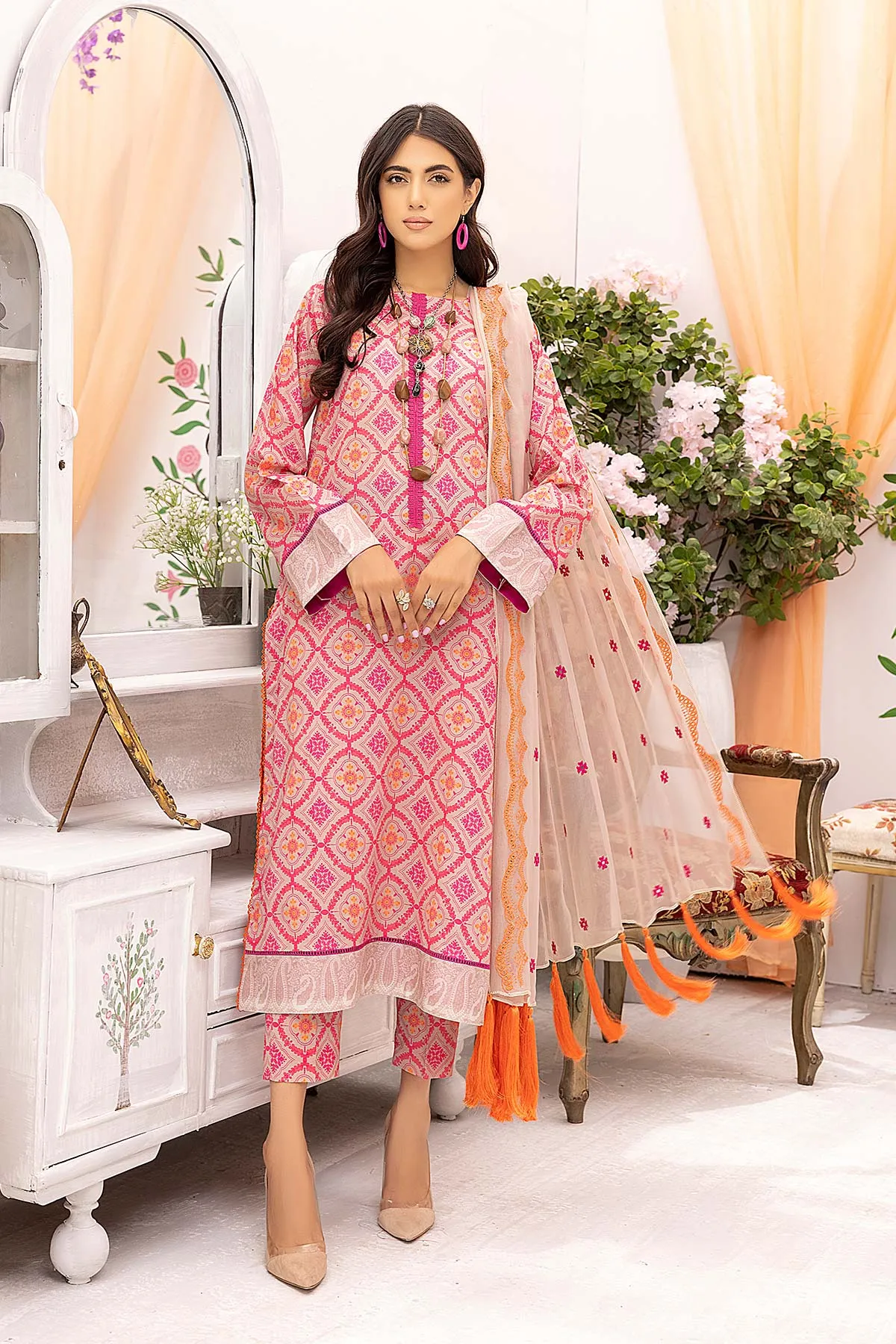 3-Pc Printed lawn suits with Embellished Mirror Work Chiffon Dupatta CMC22-03