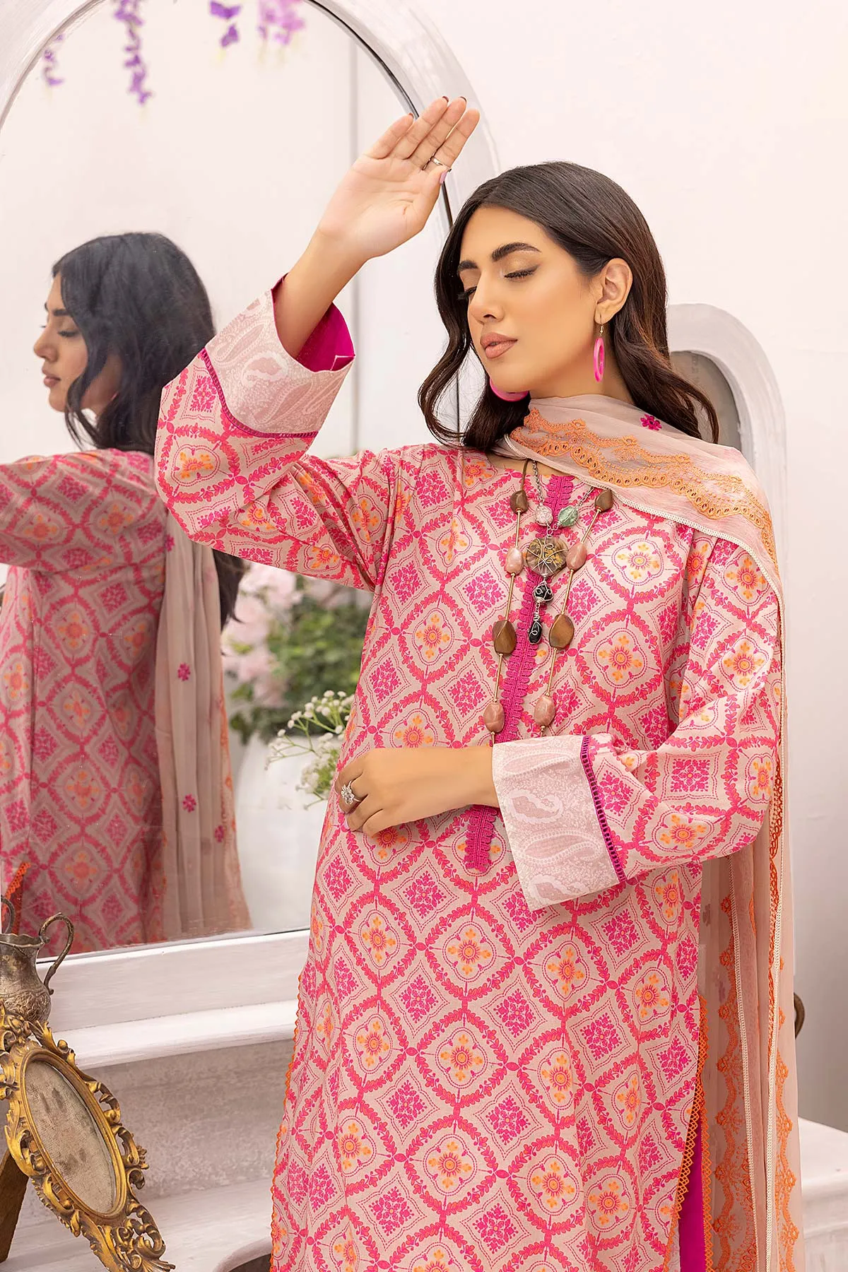 3-Pc Printed lawn suits with Embellished Mirror Work Chiffon Dupatta CMC22-03