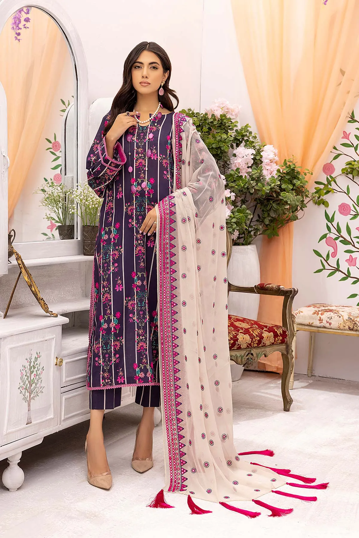 3-Pc Printed lawn suits with Embellished Mirror Work Chiffon Dupatta CMC22-06