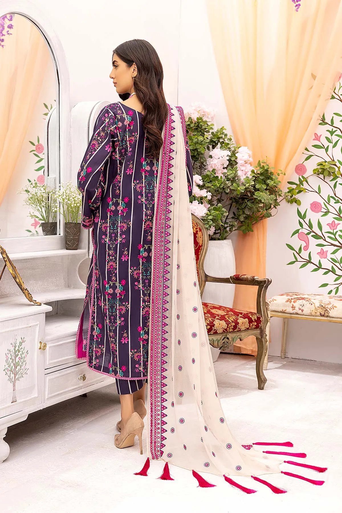 3-Pc Printed lawn suits with Embellished Mirror Work Chiffon Dupatta CMC22-06