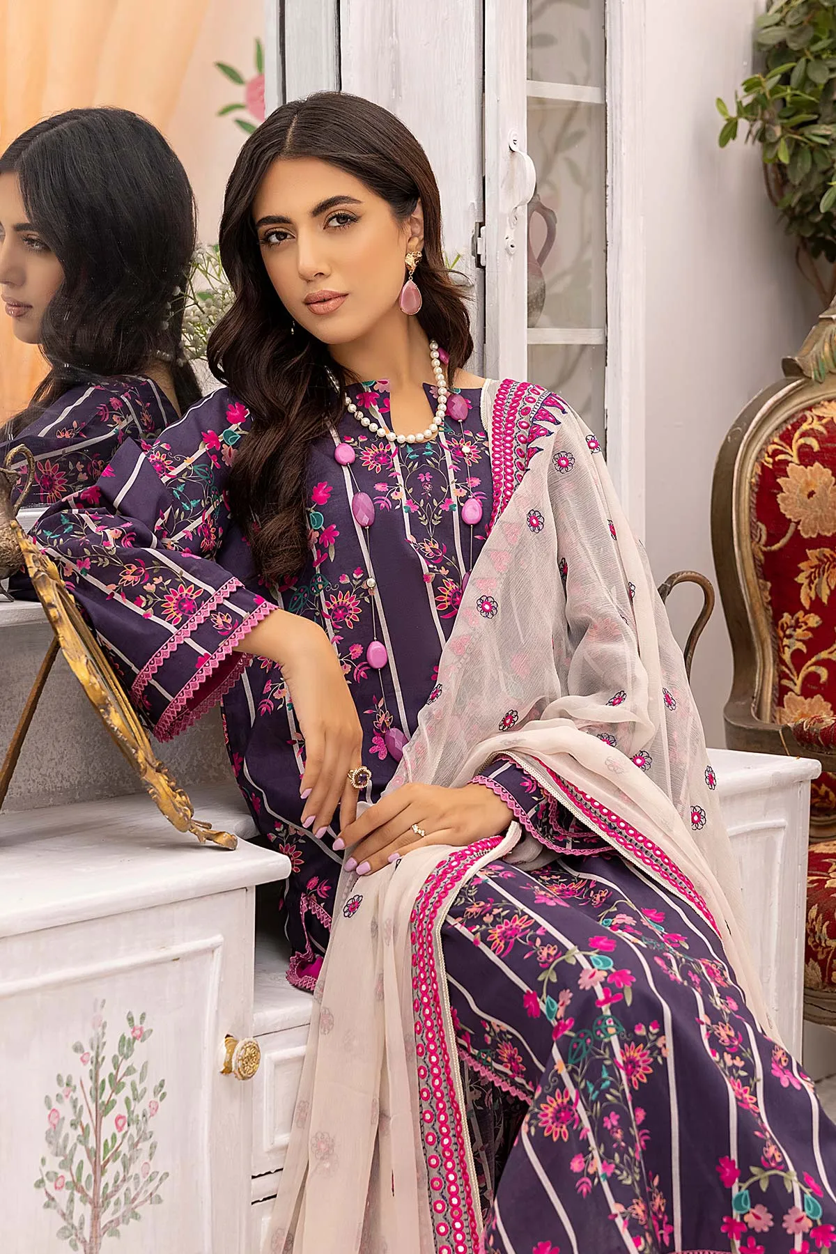 3-Pc Printed lawn suits with Embellished Mirror Work Chiffon Dupatta CMC22-06