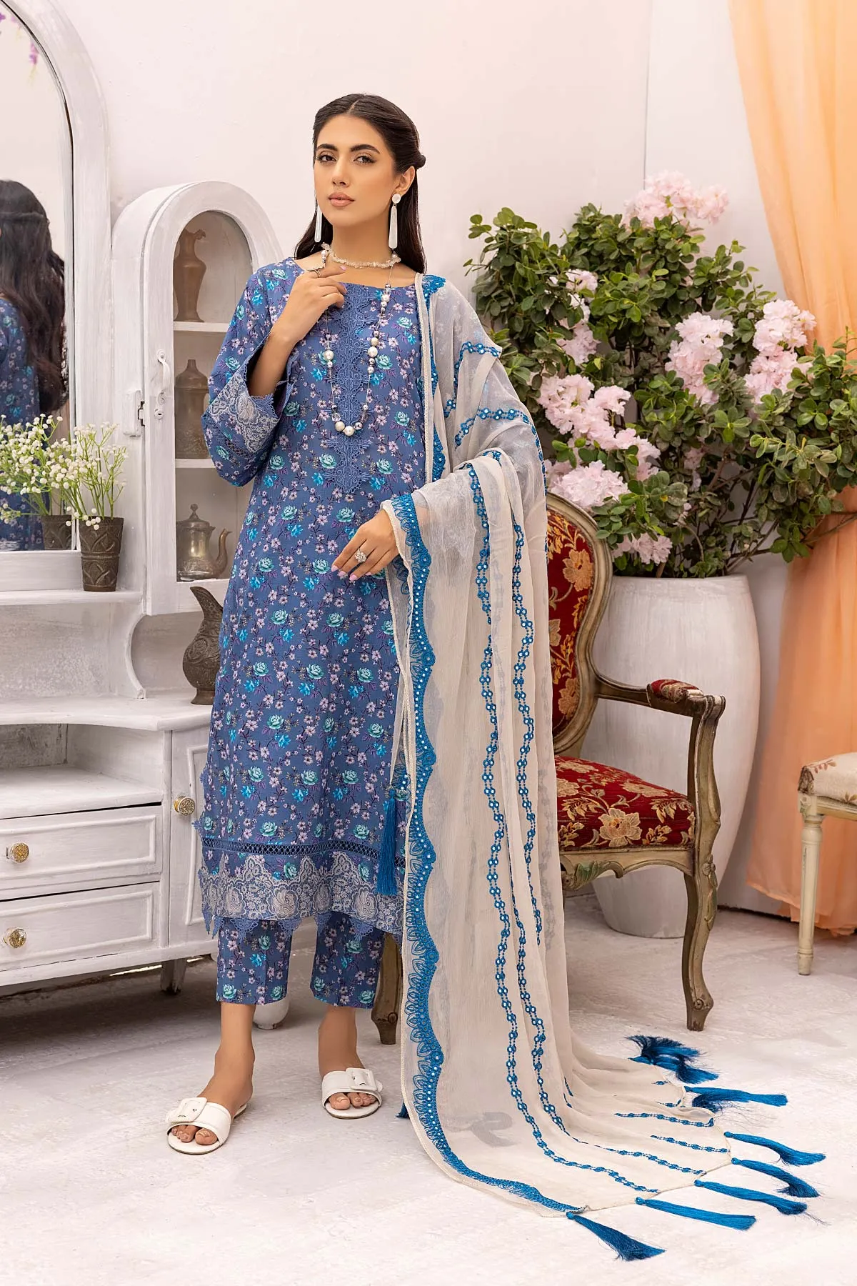 3-Pc Printed lawn suits with Embellished Mirror Work Chiffon Dupatta CMC22-09