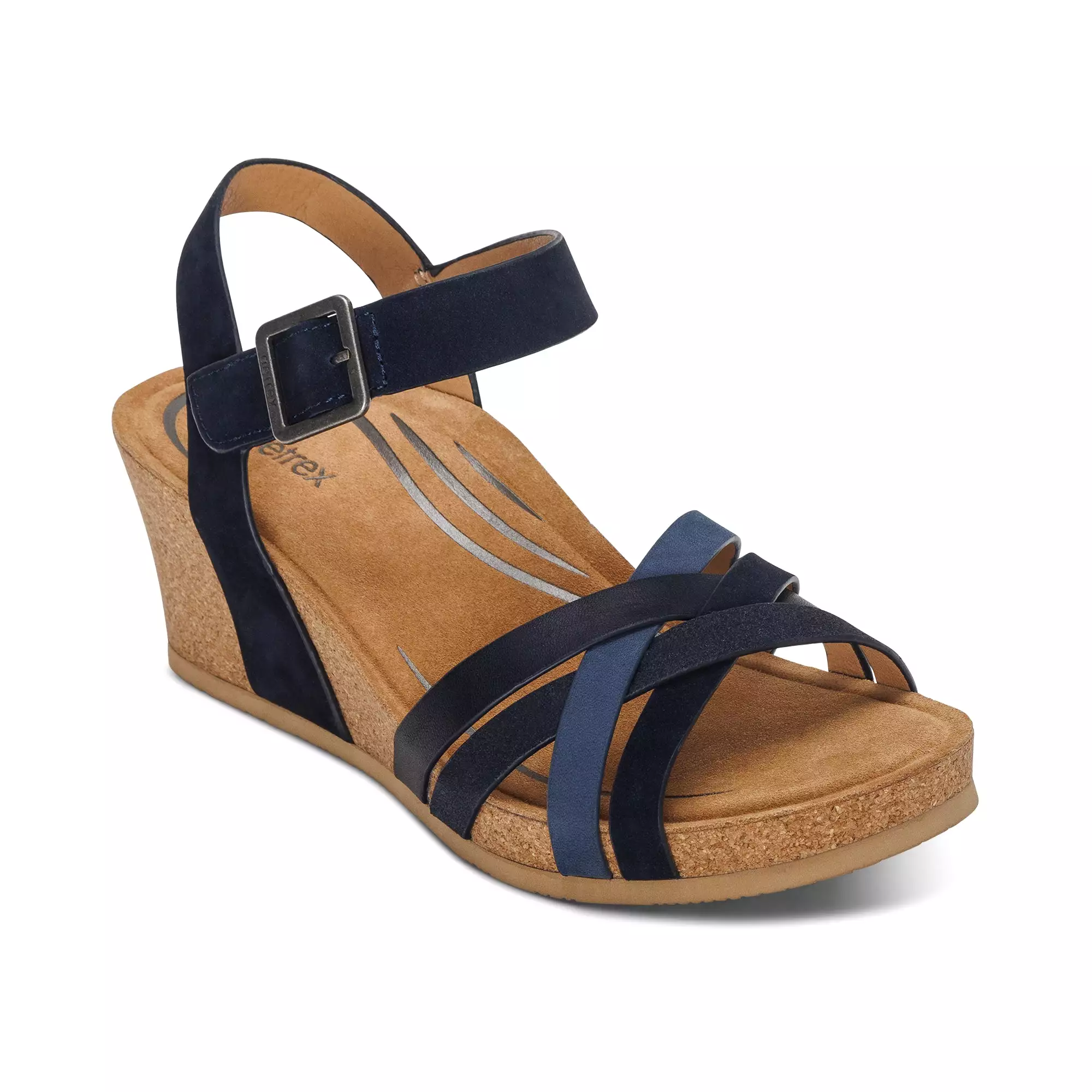 Aetrex Women's Noelle Cork Wedge Sandal Navy Multi