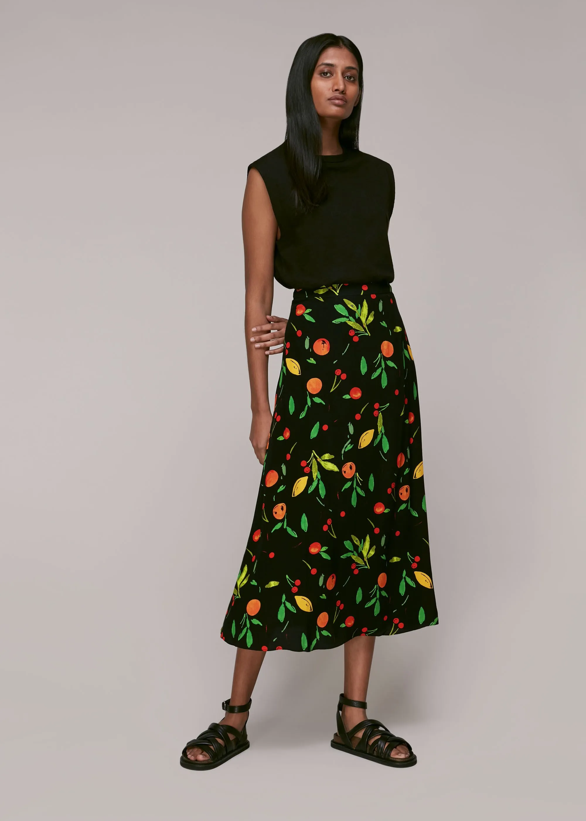 Black Fruit Print Skirt