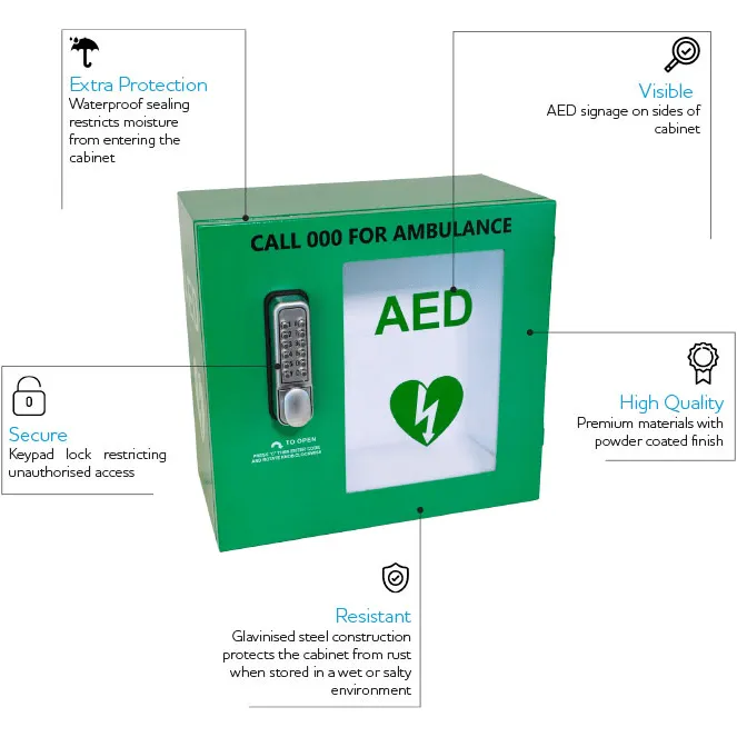 CardiAct AED/Defibrillator Keypad Lock Alarmed Outdoor Weatherproof Cabinet Case Box