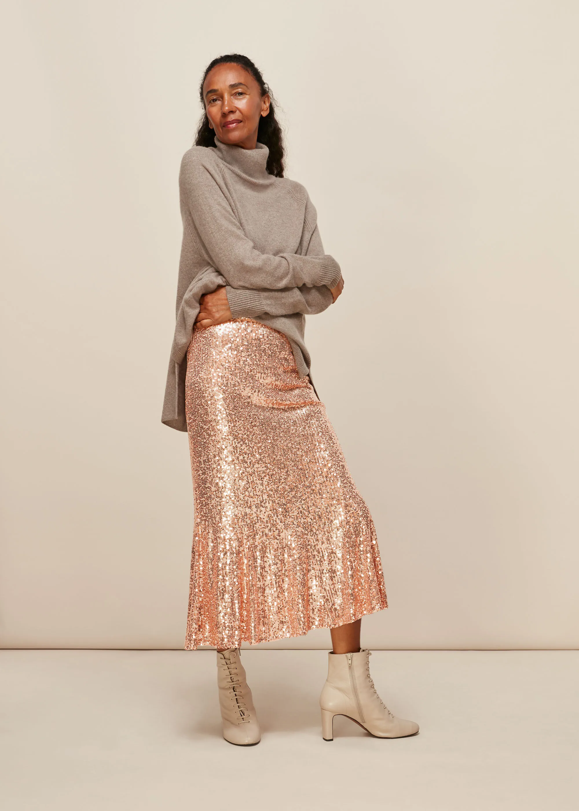 Champagne Sequin Midi Skirt