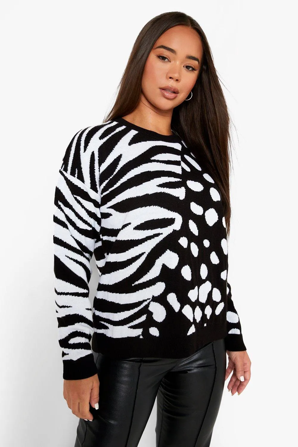 Color Block Spliced Animal Print Sweater