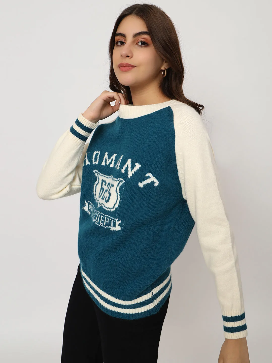 CRYSTAL TEAL COLOR WOMEN PRINTED SWEATER