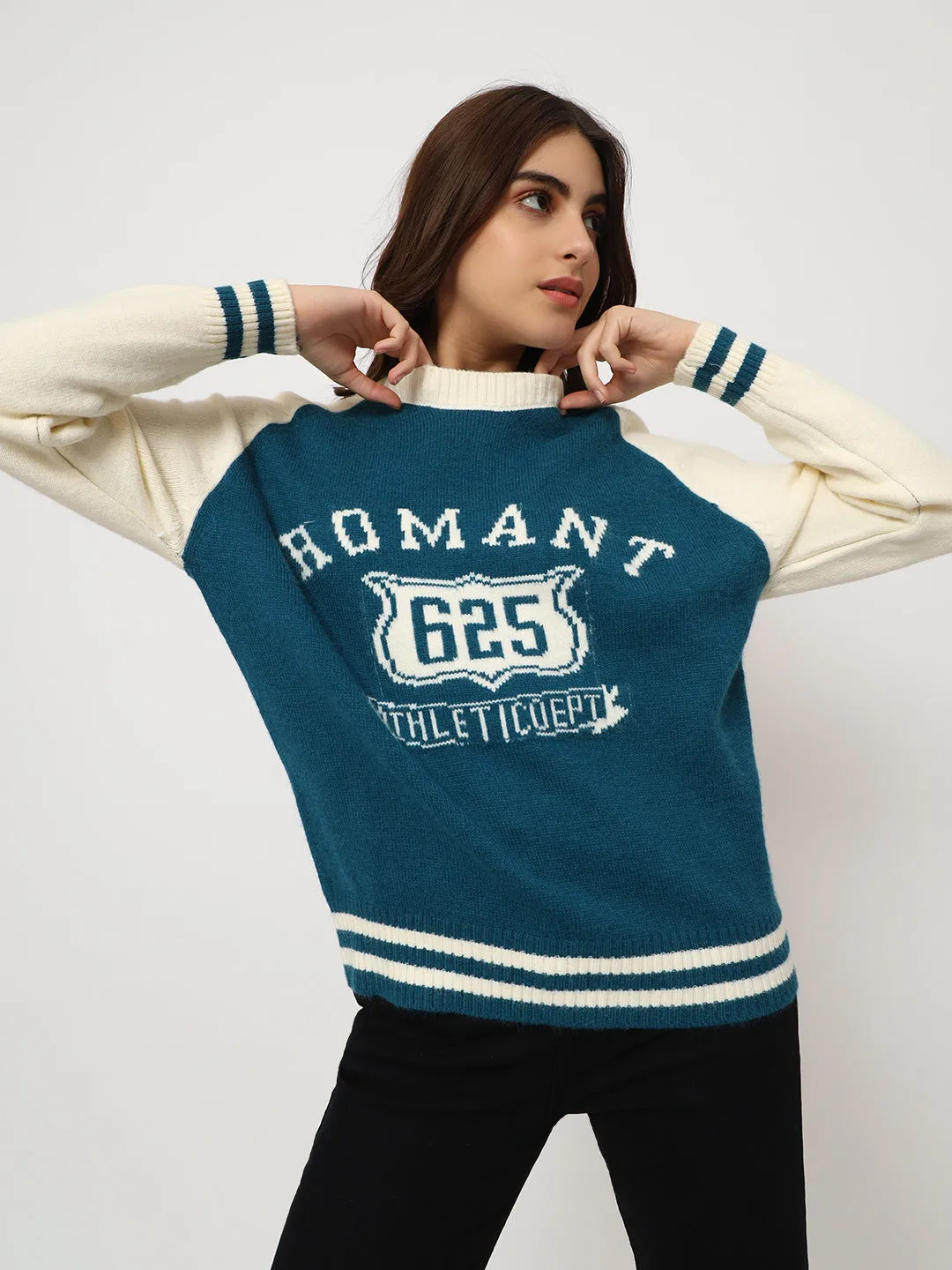 CRYSTAL TEAL COLOR WOMEN PRINTED SWEATER