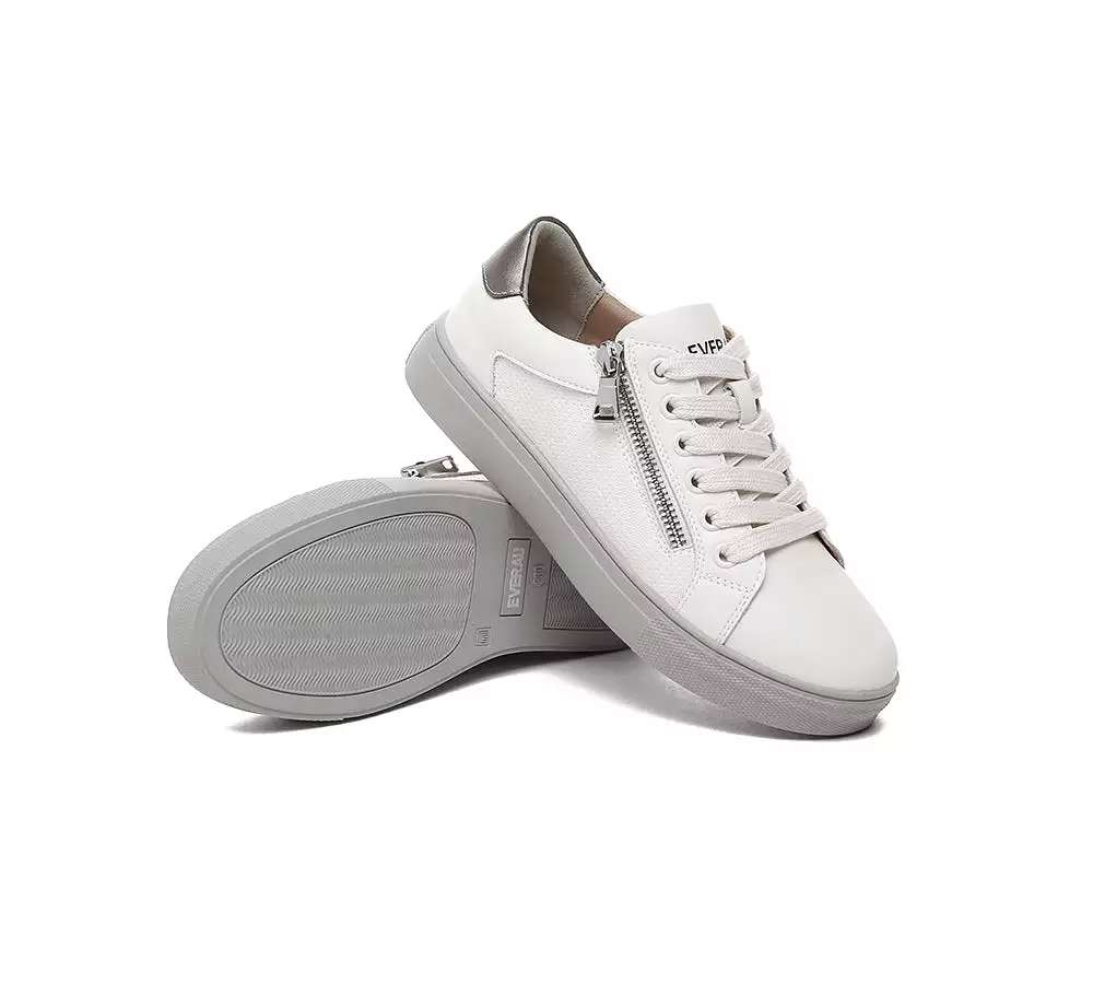 EVERAU Women Leather Zip Decor Low-top White Sneakers Chloe