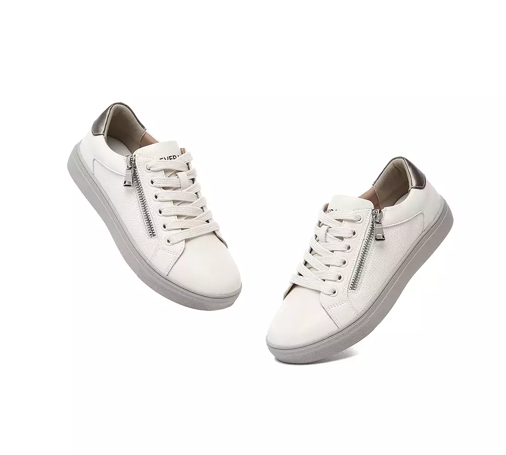 EVERAU Women Leather Zip Decor Low-top White Sneakers Chloe