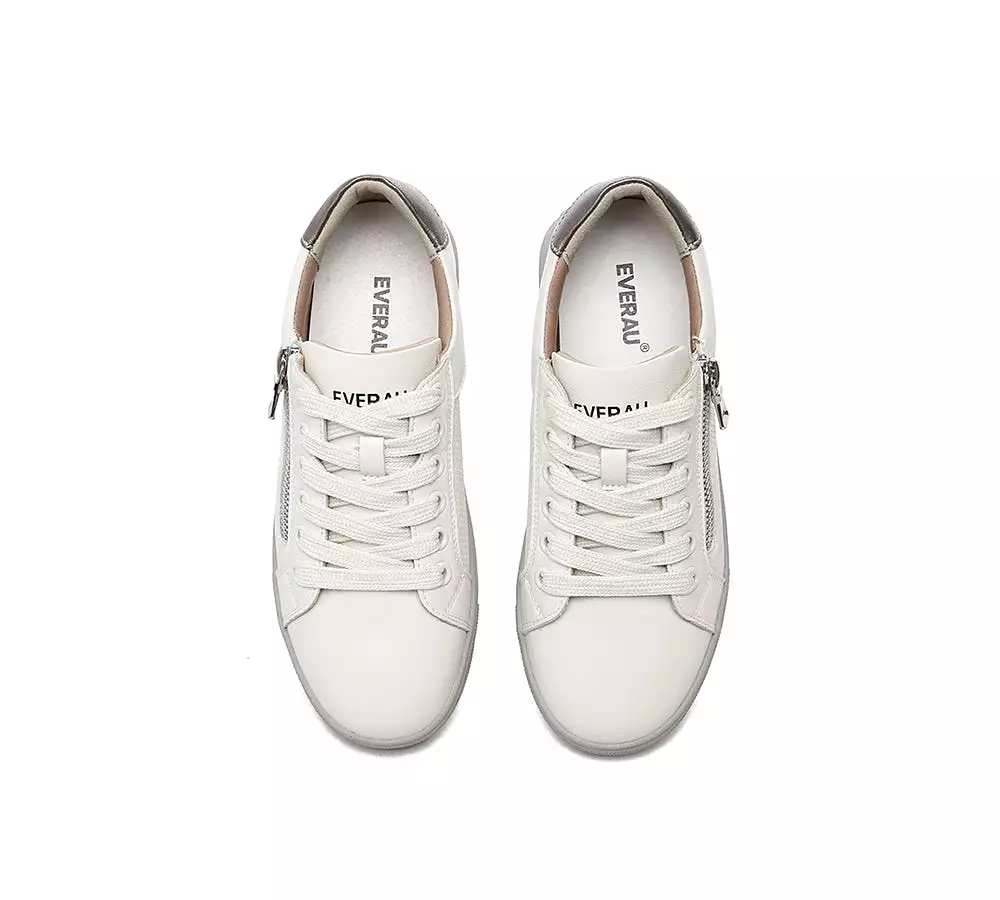 EVERAU Women Leather Zip Decor Low-top White Sneakers Chloe