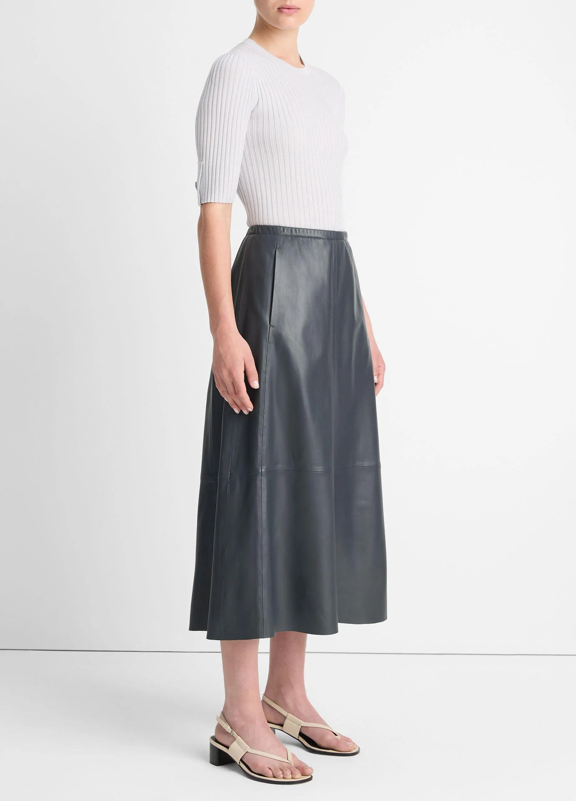 Gathered Leather Mid-Rise Skirt