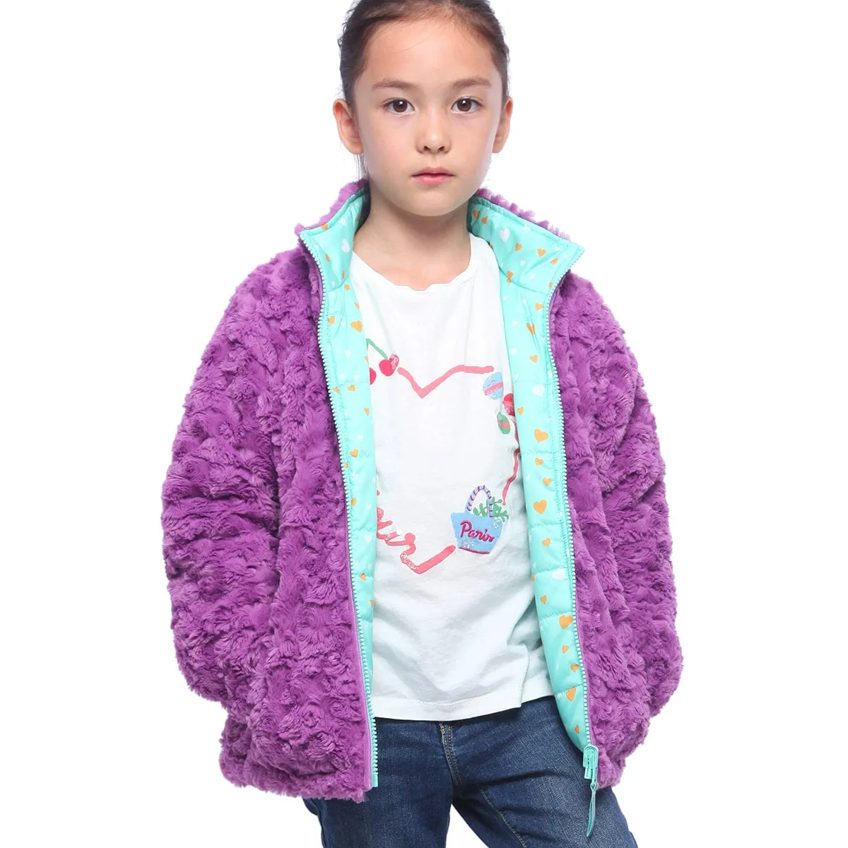 Girls' Reversible Sherpa Fleece Puffer Jacket