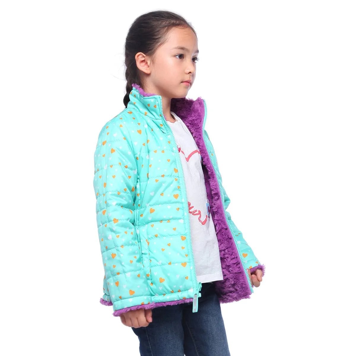 Girls' Reversible Sherpa Fleece Puffer Jacket