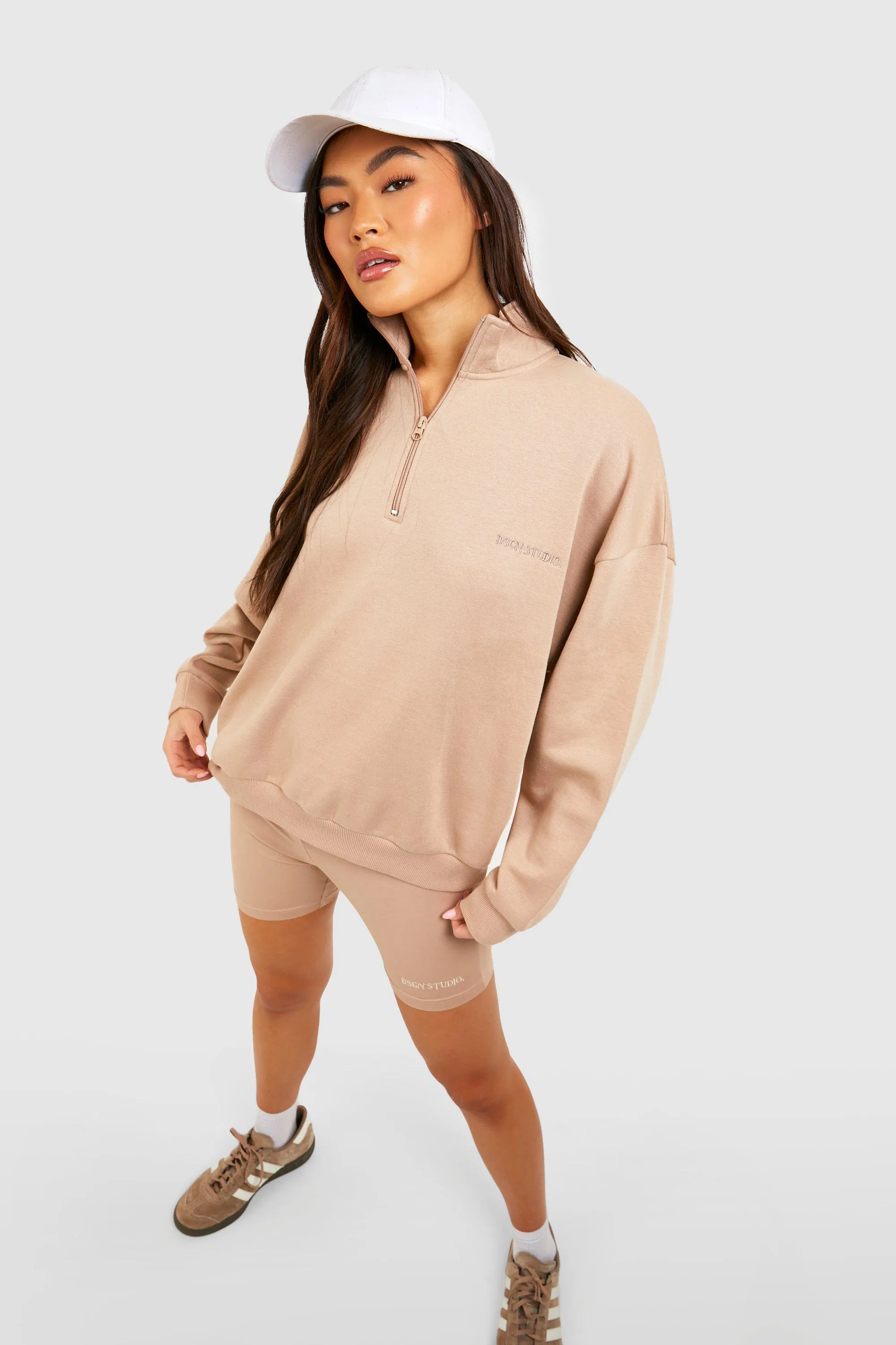 Half Zip Oversized Sweater And Biker Short Set