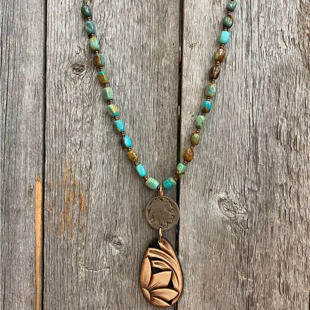 J Forks Kingman Turquoise & Leather Sunflower Teardrop Necklace