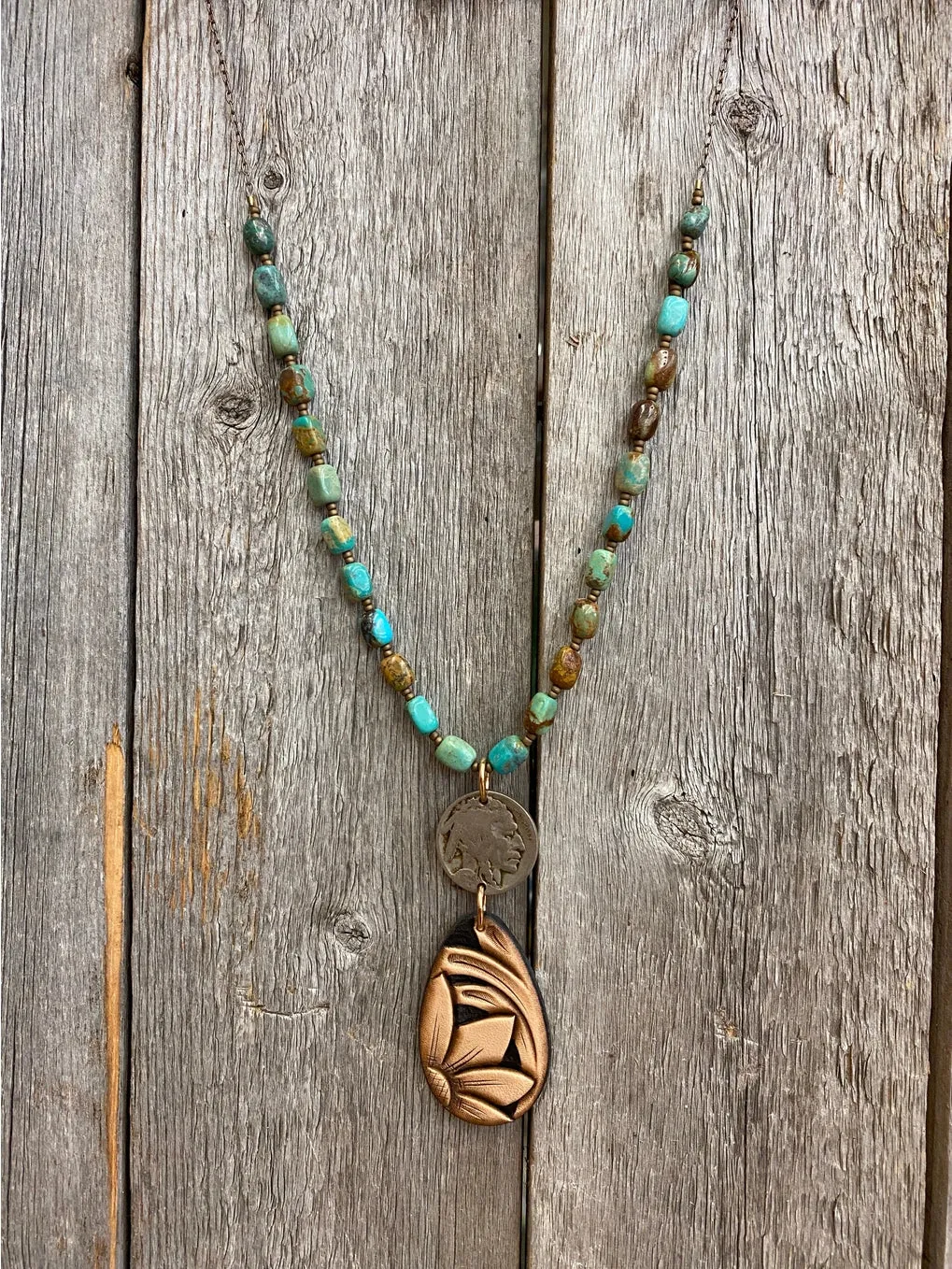 J Forks Kingman Turquoise & Leather Sunflower Teardrop Necklace