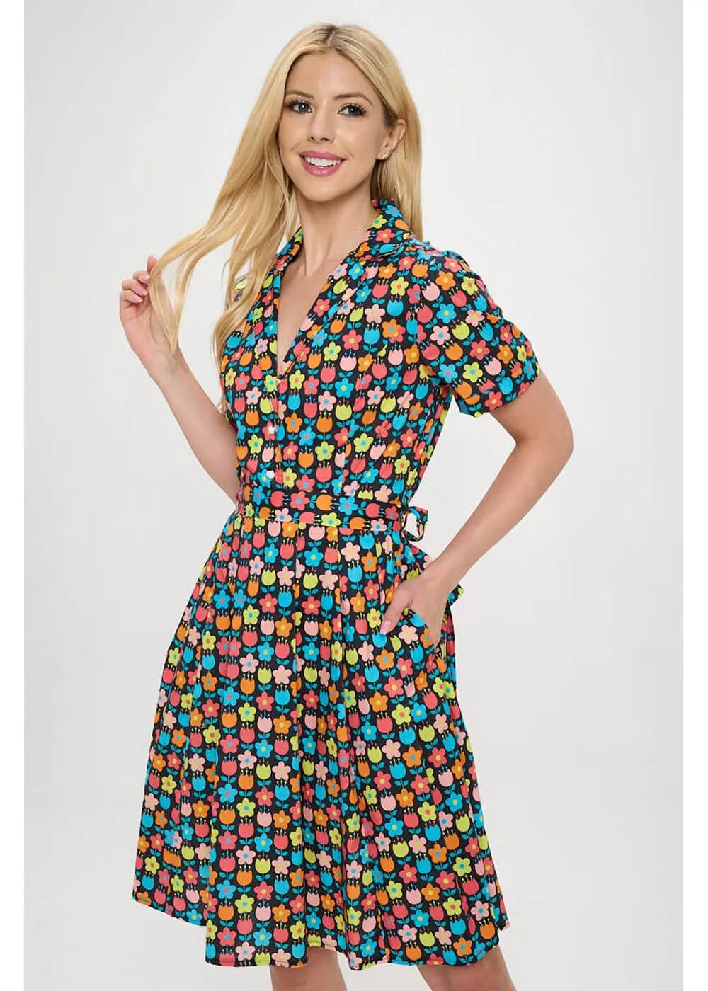 LA Soul Nova Retro Flowers A-Line Dress Black