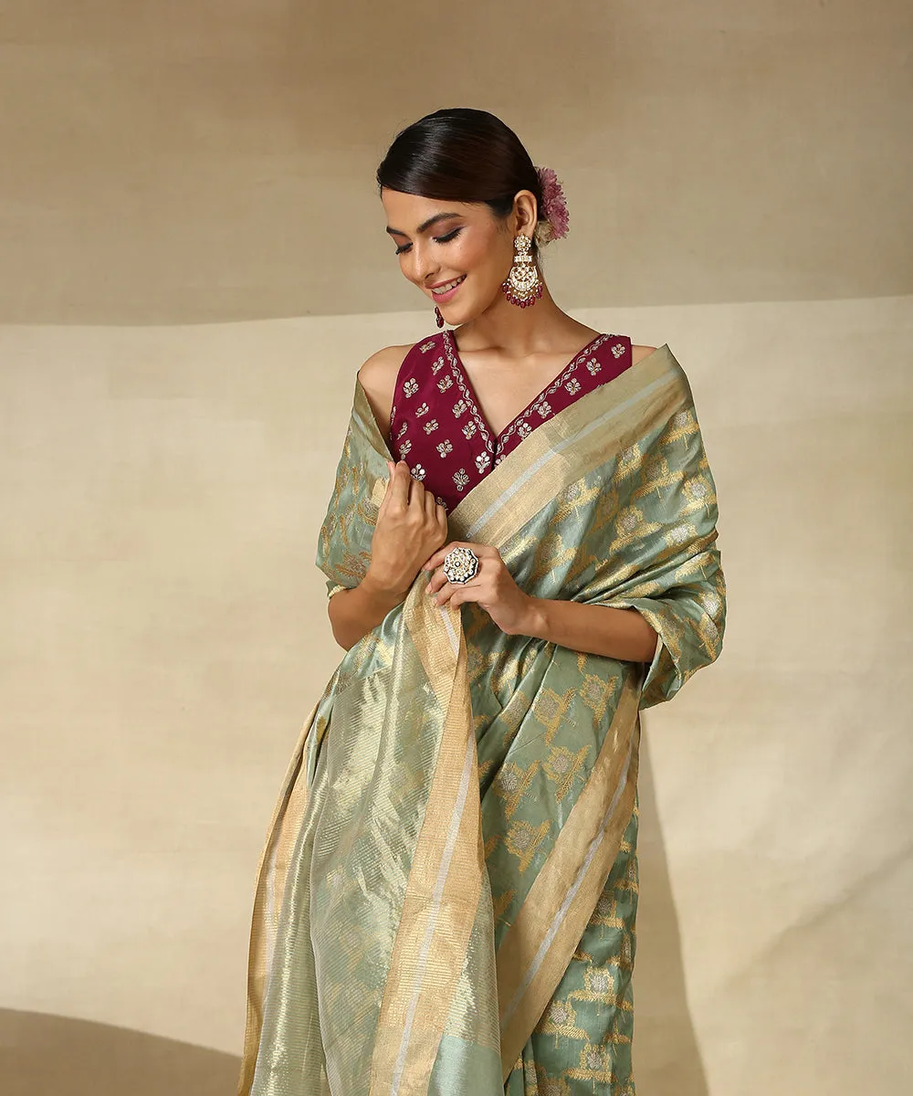 Light Green Handloom Pure Chanderi Silk Saree With Sunflower Motifs