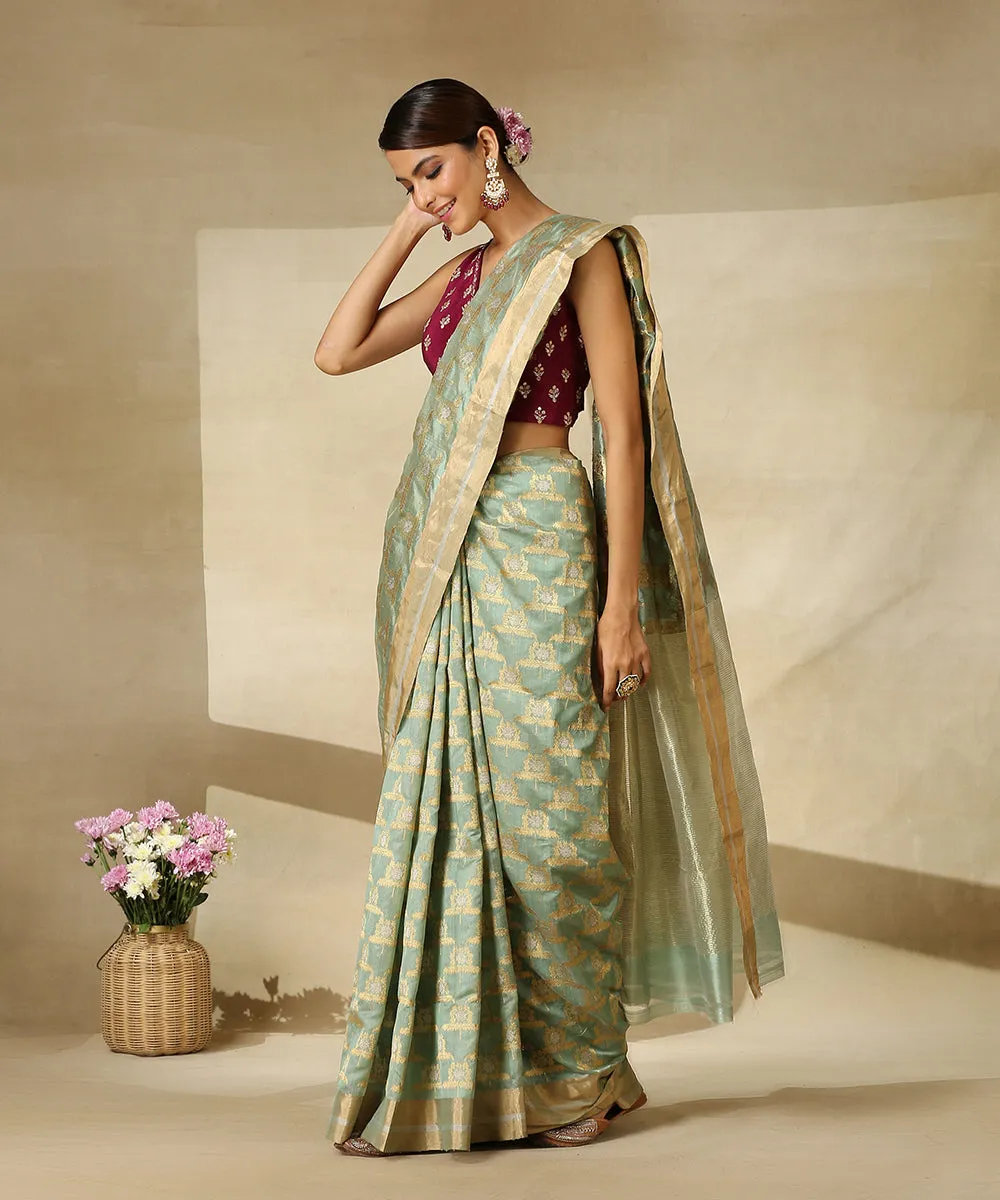 Light Green Handloom Pure Chanderi Silk Saree With Sunflower Motifs