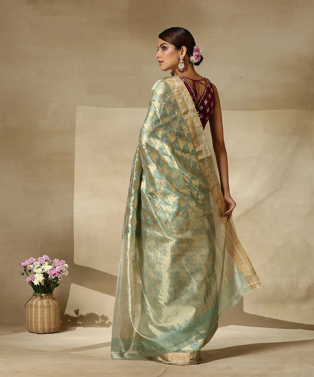 Light Green Handloom Pure Chanderi Silk Saree With Sunflower Motifs