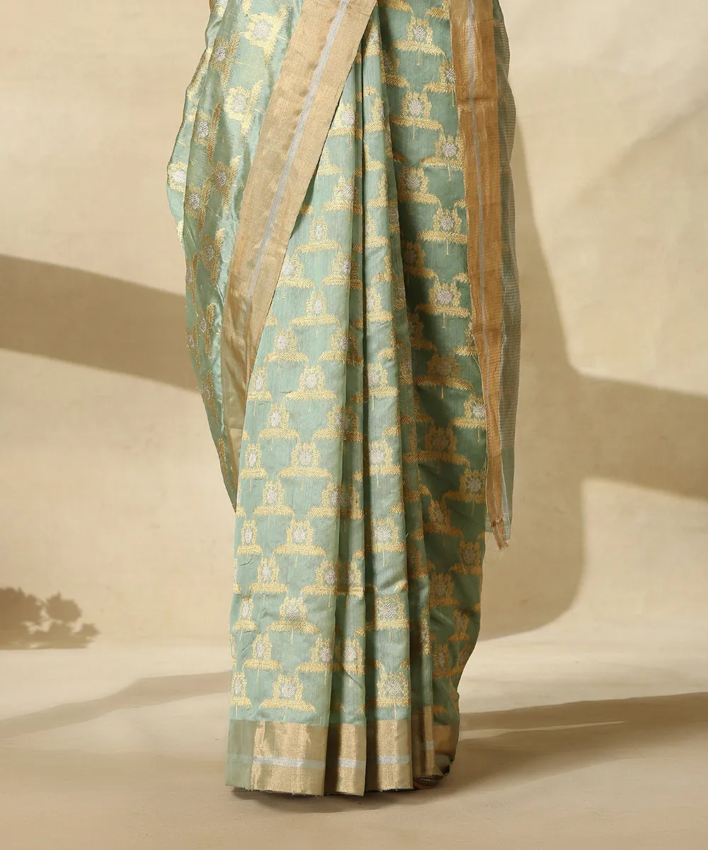 Light Green Handloom Pure Chanderi Silk Saree With Sunflower Motifs