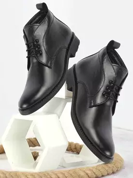 Men Black Genuine Leather Broad Feet Mid Top Chukka Lace Up Boots with TPR Welted Sole