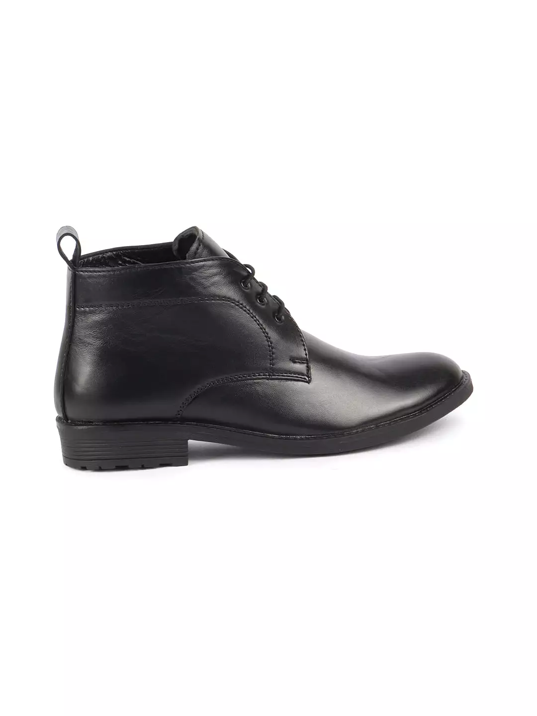 Men Black Genuine Leather Broad Feet Mid Top Chukka Lace Up Boots with TPR Welted Sole