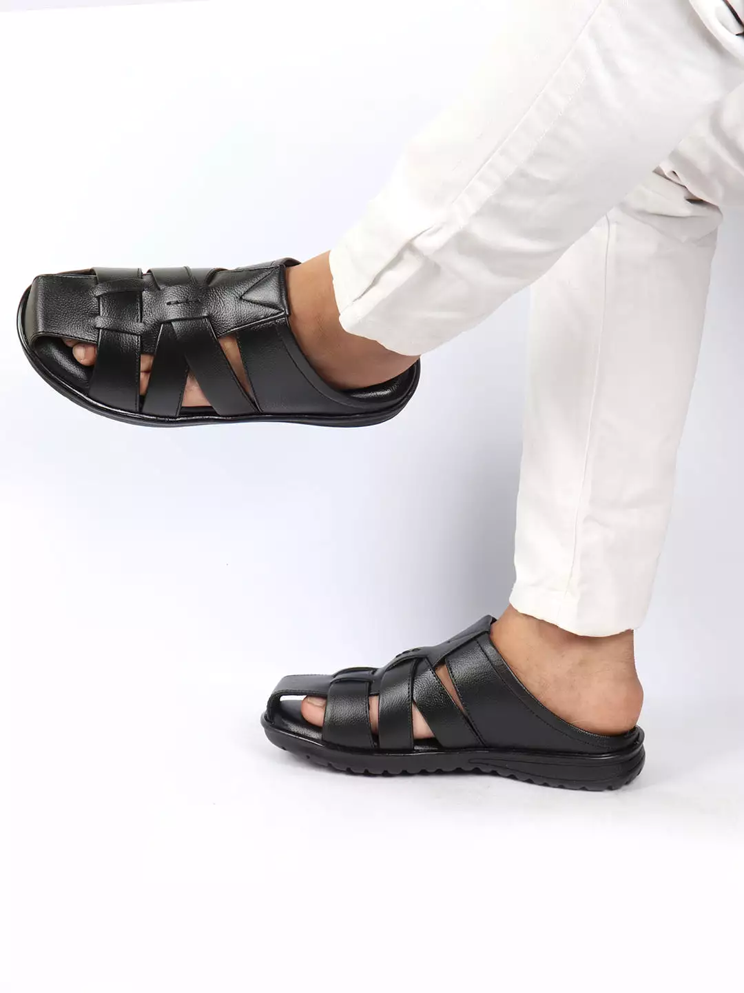 Men Black Genuine Leather Criss Cross Strap Back Open Slip On Closed Toe Dress Sandals