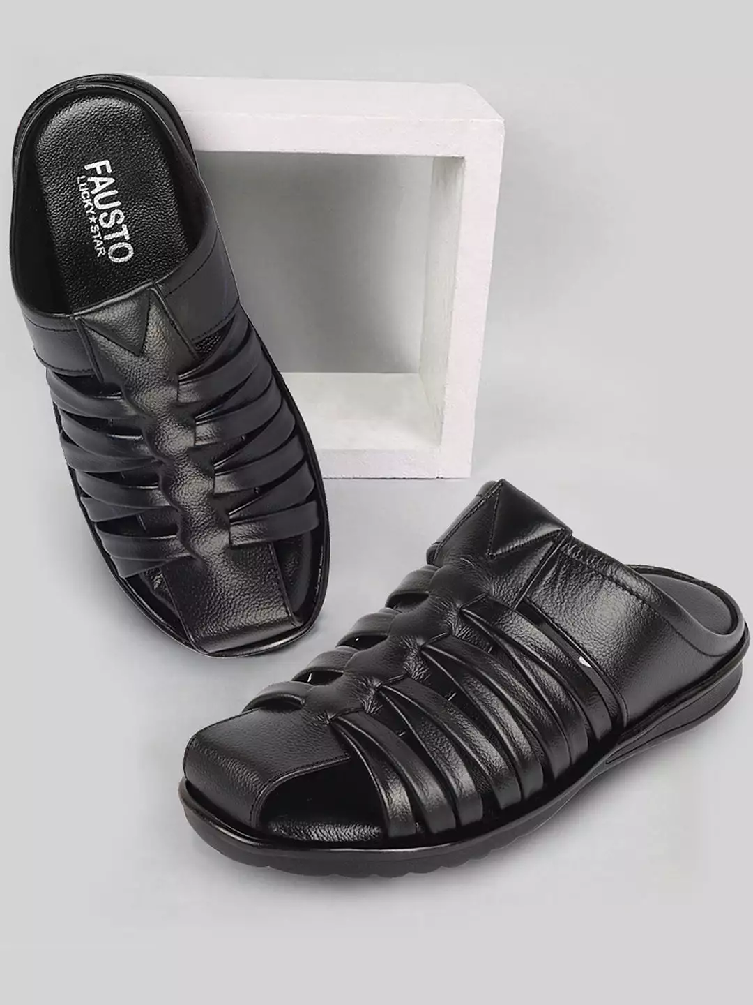 Men Black Genuine Leather Criss Cross Strap Back Open Slip On Dress Sandals