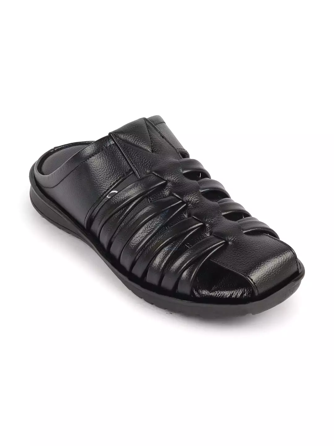 Men Black Genuine Leather Criss Cross Strap Back Open Slip On Dress Sandals