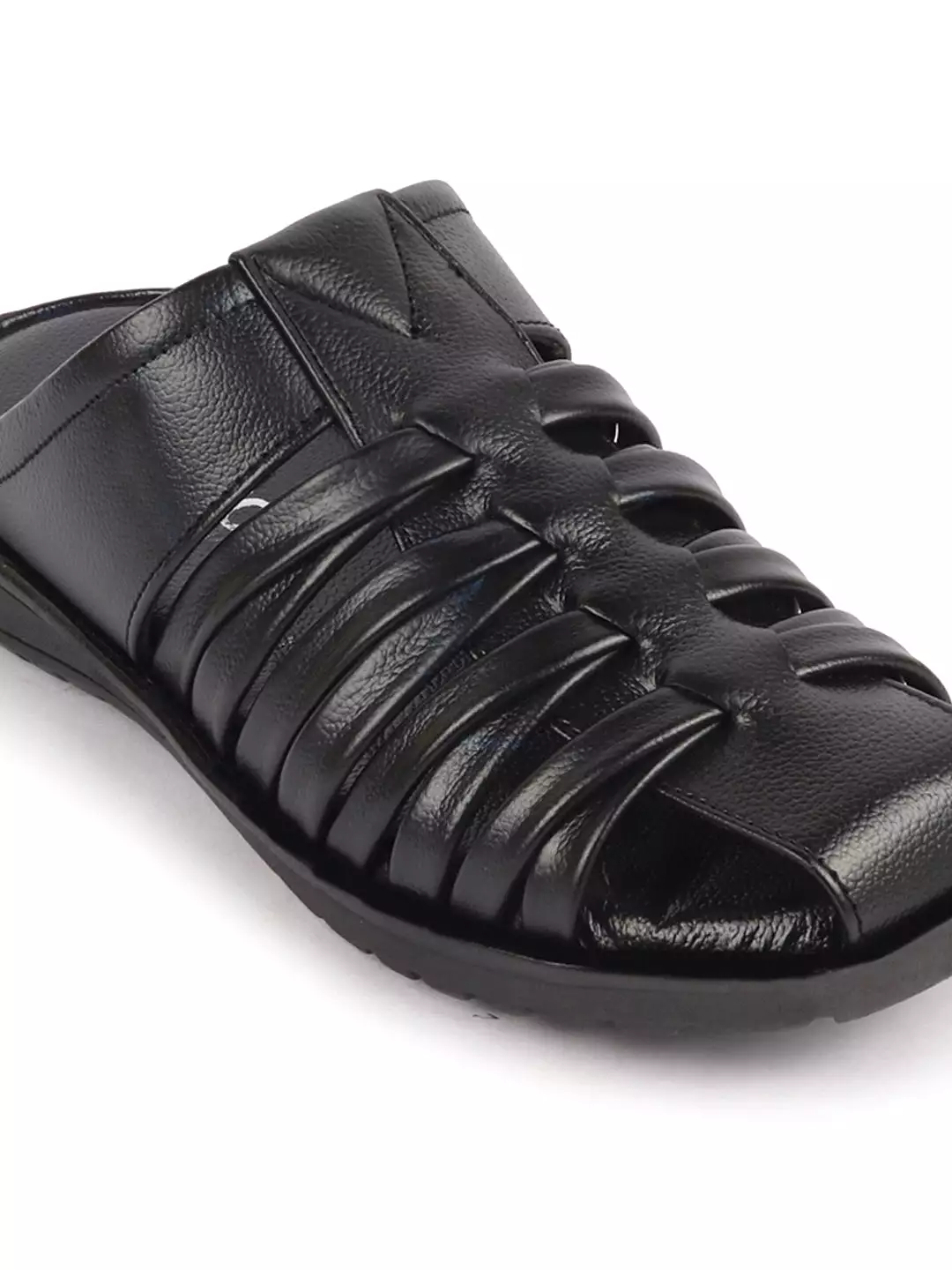 Men Black Genuine Leather Criss Cross Strap Back Open Slip On Dress Sandals