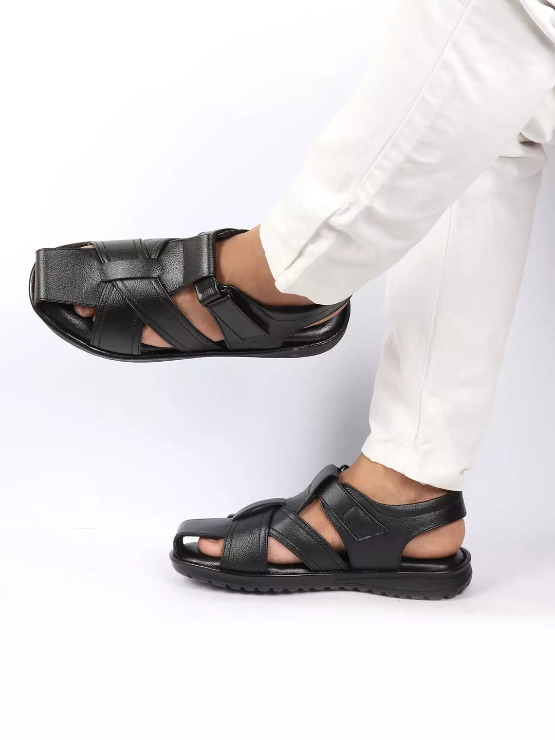 Men Black Genuine Leather Hook & Loop Closed Toe Fisherman Roman Sandals