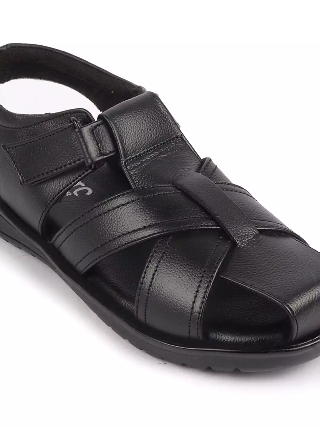 Men Black Genuine Leather Hook & Loop Closed Toe Fisherman Roman Sandals