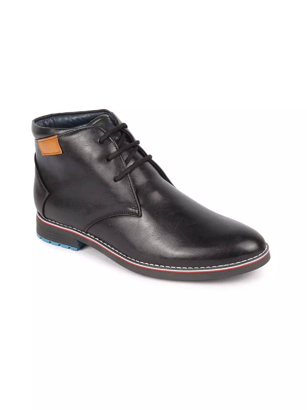 Men Black Genuine Leather Mid Top Chukka Lace Up Boots with TPR Welted Colorblocked Sole