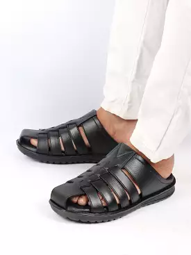 Men Black Genuine Leather Multi Strap Back Open Slip On Closed Toe Dress Sandals