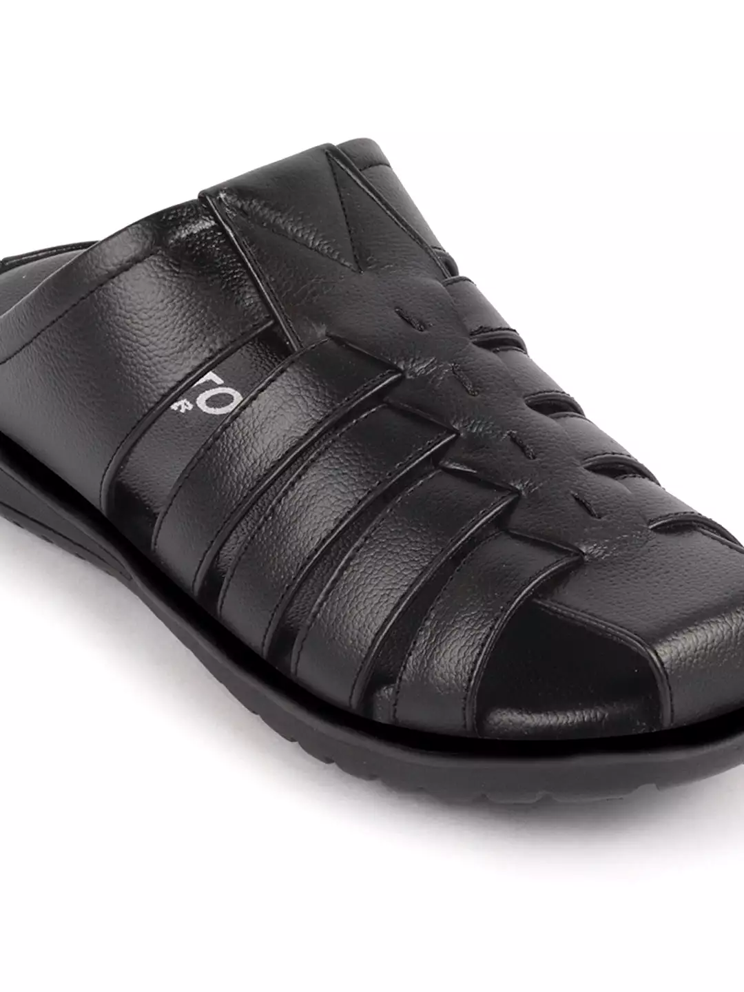 Men Black Genuine Leather Multi Strap Back Open Slip On Closed Toe Dress Sandals