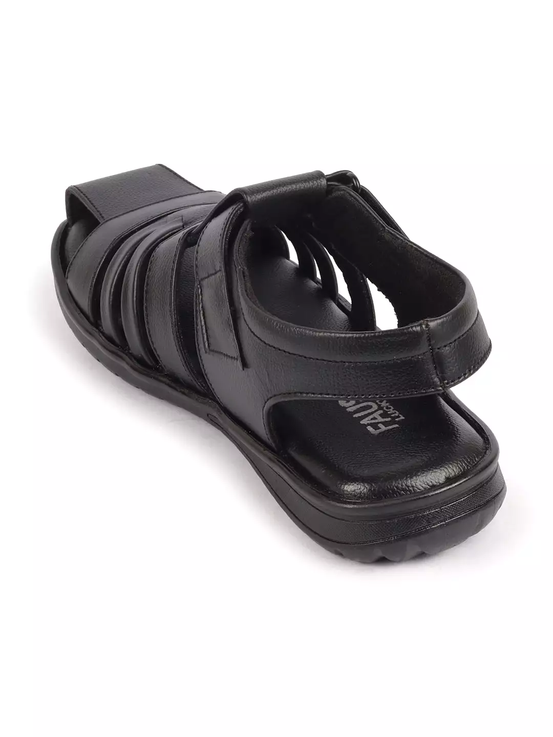 Men Black Genuine Leather Multi Strap Hook and Loop Closed Toe Fisherman Roman Sandals