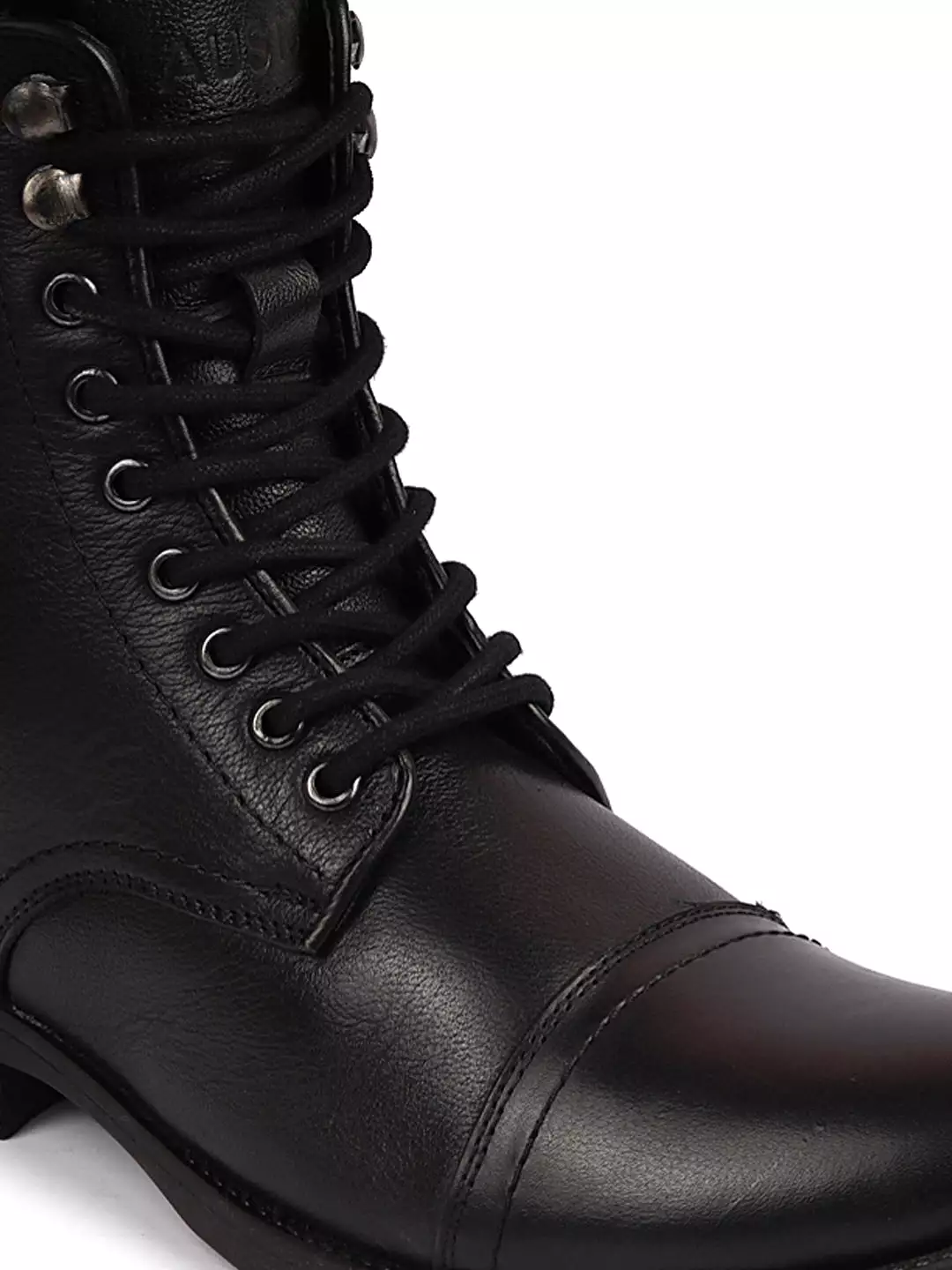 Men Black High Top Genuine Leather Hook and 7-Eye Lace Up Side Zipper Cap Toe Classic Flat Boots