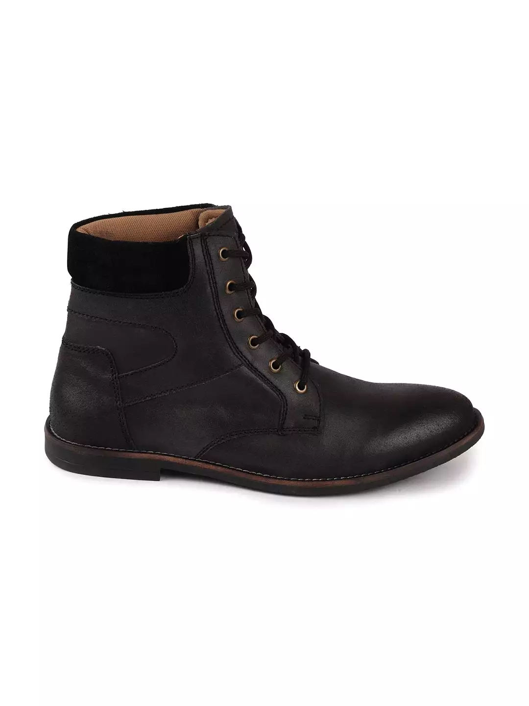 Men Black Mid Top Lace Up Leather Boots