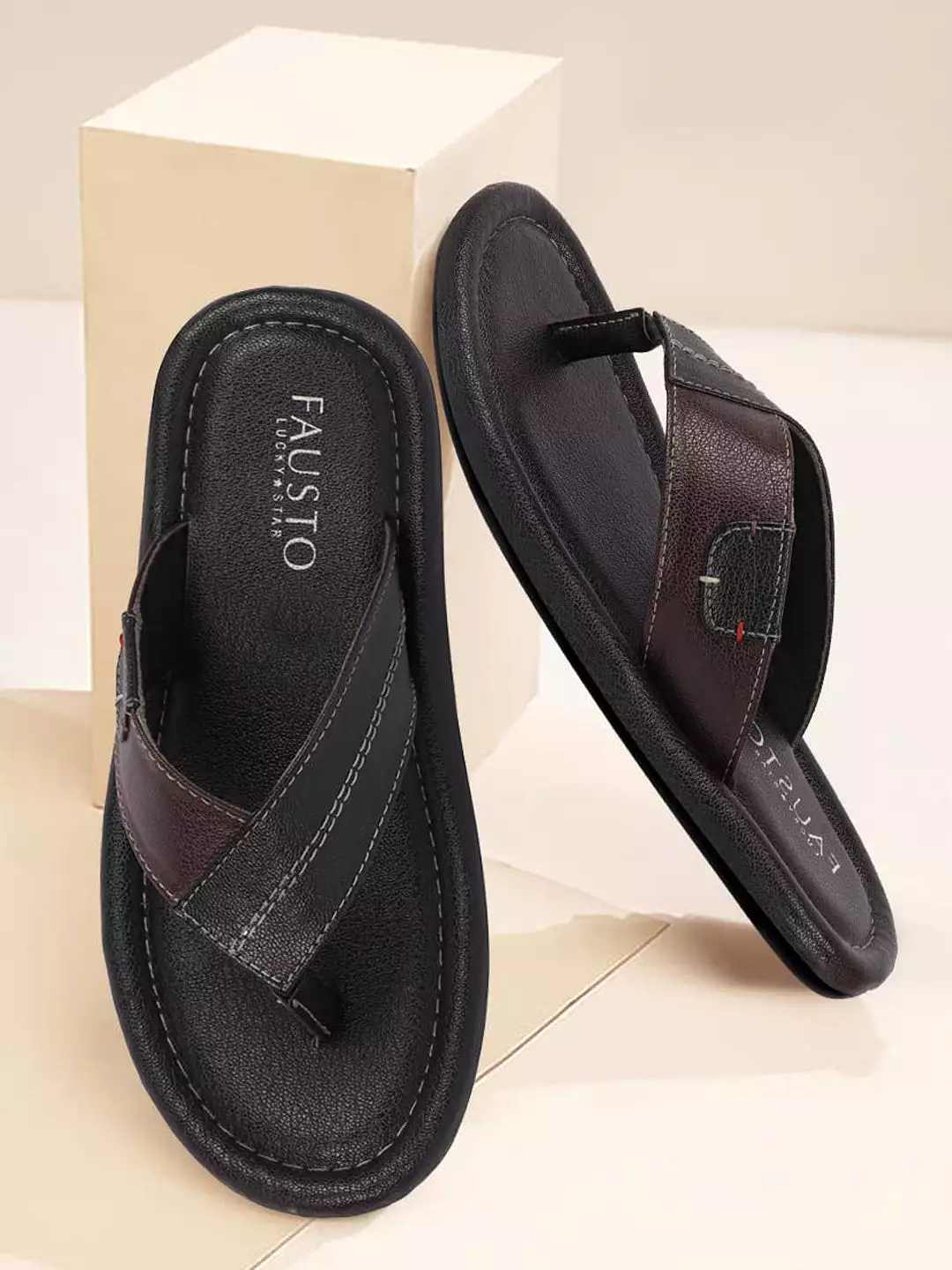 Men Black Stitched Design Indoor Outdoor Thong Slipper Sandals