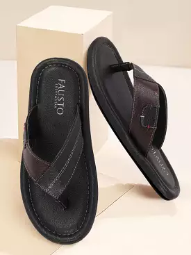 Men Black Stitched Design Indoor Outdoor Thong Slipper Sandals