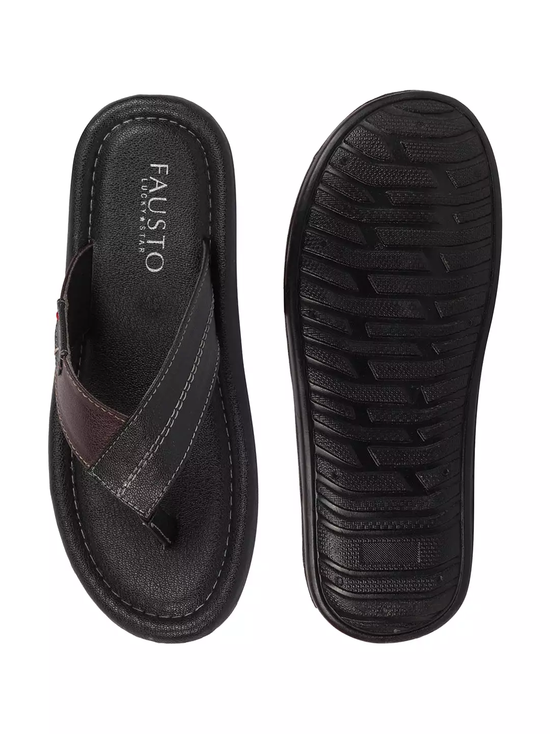 Men Black Stitched Design Indoor Outdoor Thong Slipper Sandals