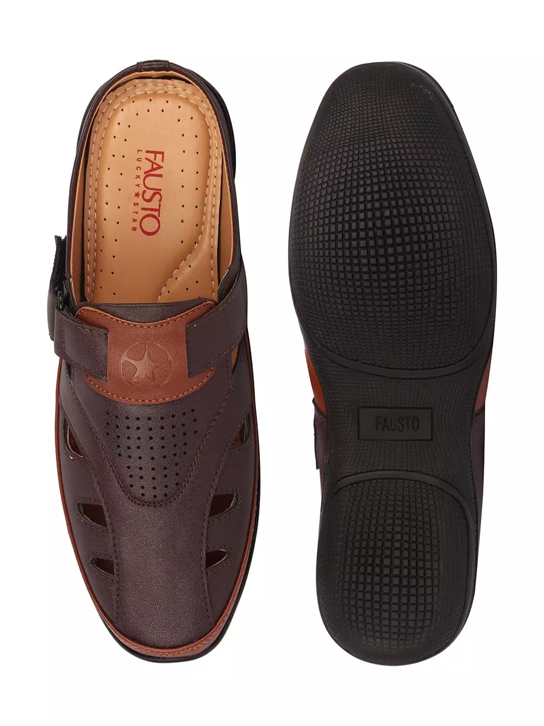 Men Brown Back Open Laser Cut Design Slip On Sandal with Ankle Strap